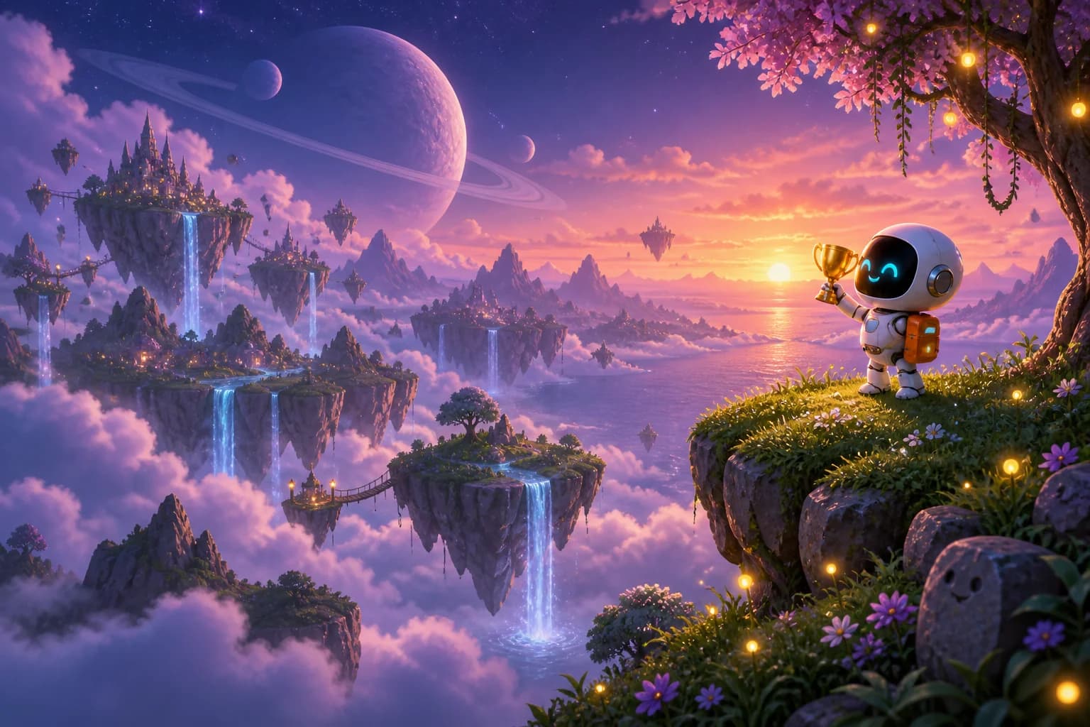 A small robot exploring a glowing alien landscape